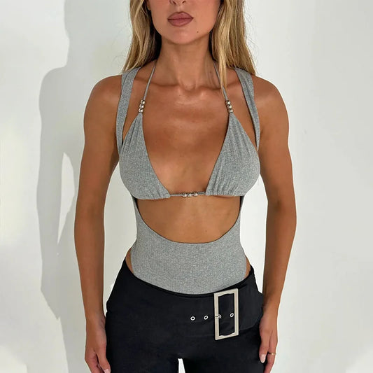 Sexy Hollow Halter Top Black Gray Ribbed Two Piece Set Bodysuit 2024 Women Summer Clothes Rave Outfit