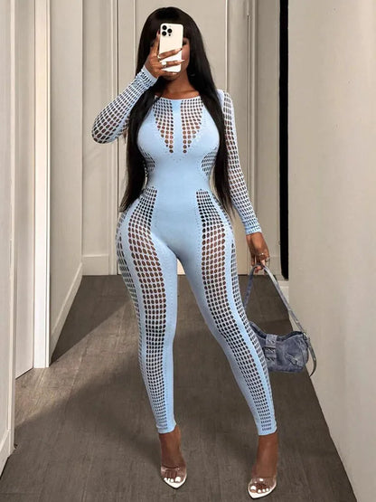 Hollow jumpsuit women stretch skinny full sleeve solid fall hipster sexy midnight coquette activity workout overalls