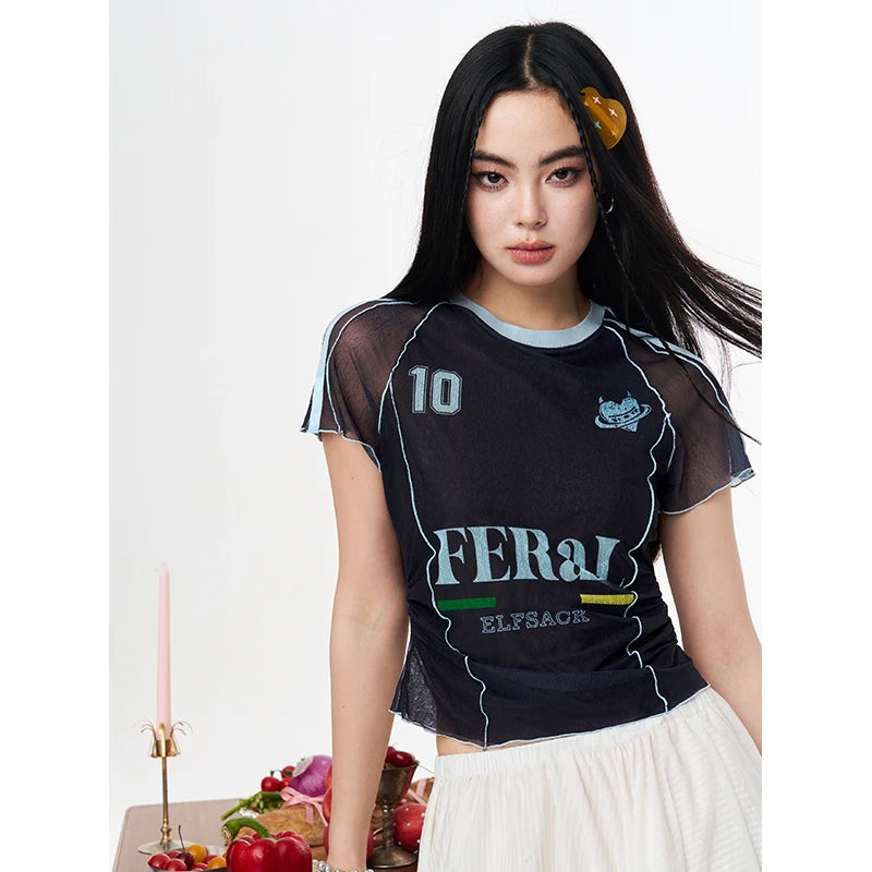 Sporty Jersey Style T-shirt, Slim V-neck Number Print Tee, Y2K Letter Graphic Cropped Top for Women