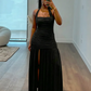 High Split Simple Dresses Women Sexy Halter Ruched Trend Backless Sleeveless Pleated Elegant Party Street Bodycon