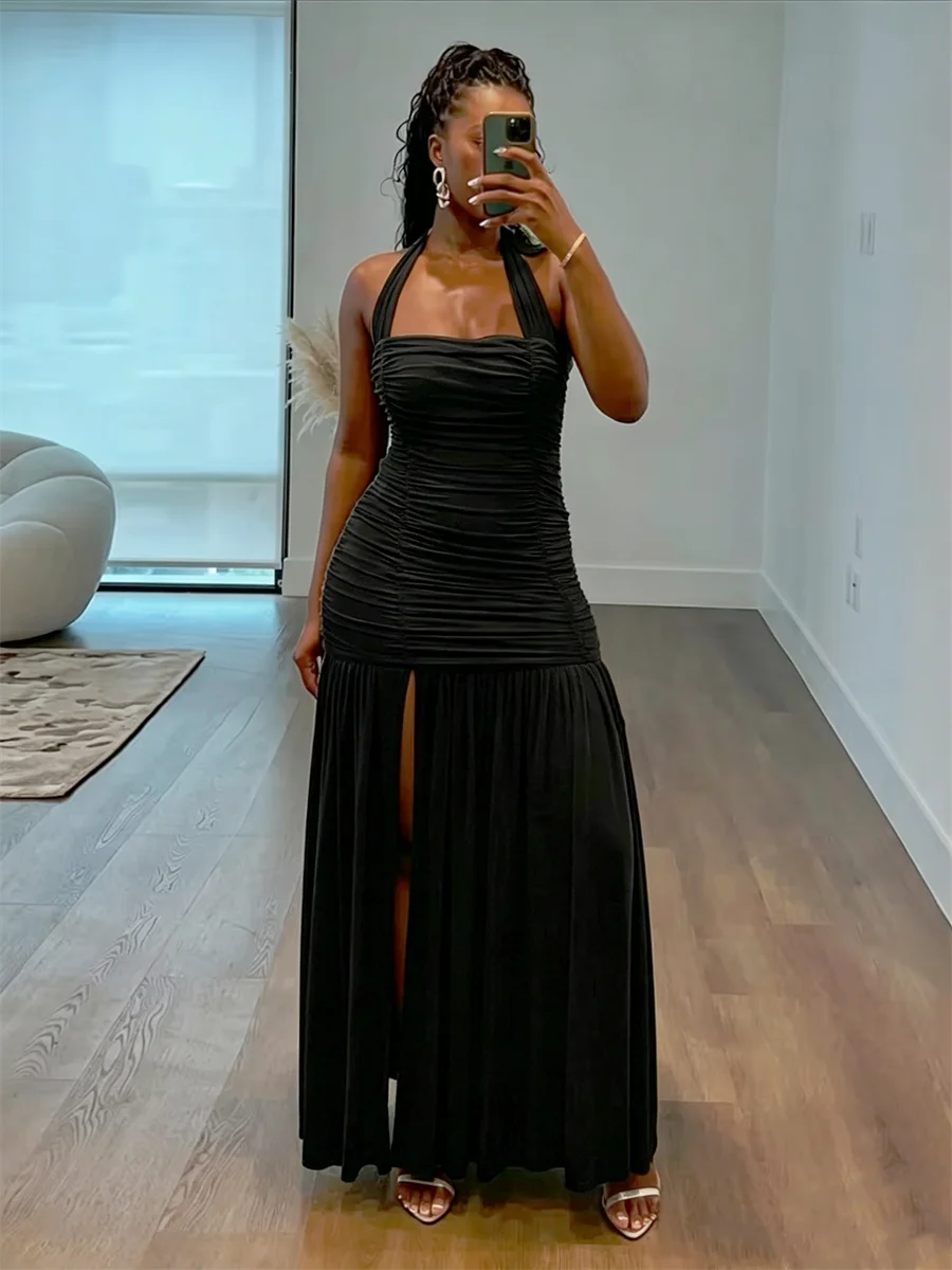 High Split Simple Dresses Women Sexy Halter Ruched Trend Backless Sleeveless Pleated Elegant Party Street Bodycon