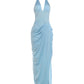 Elegant Backless Dress Women Sexy Fashion Halter Deep V-Neck Ruched Patchwork High Split Simple Banquet Party Bodycon