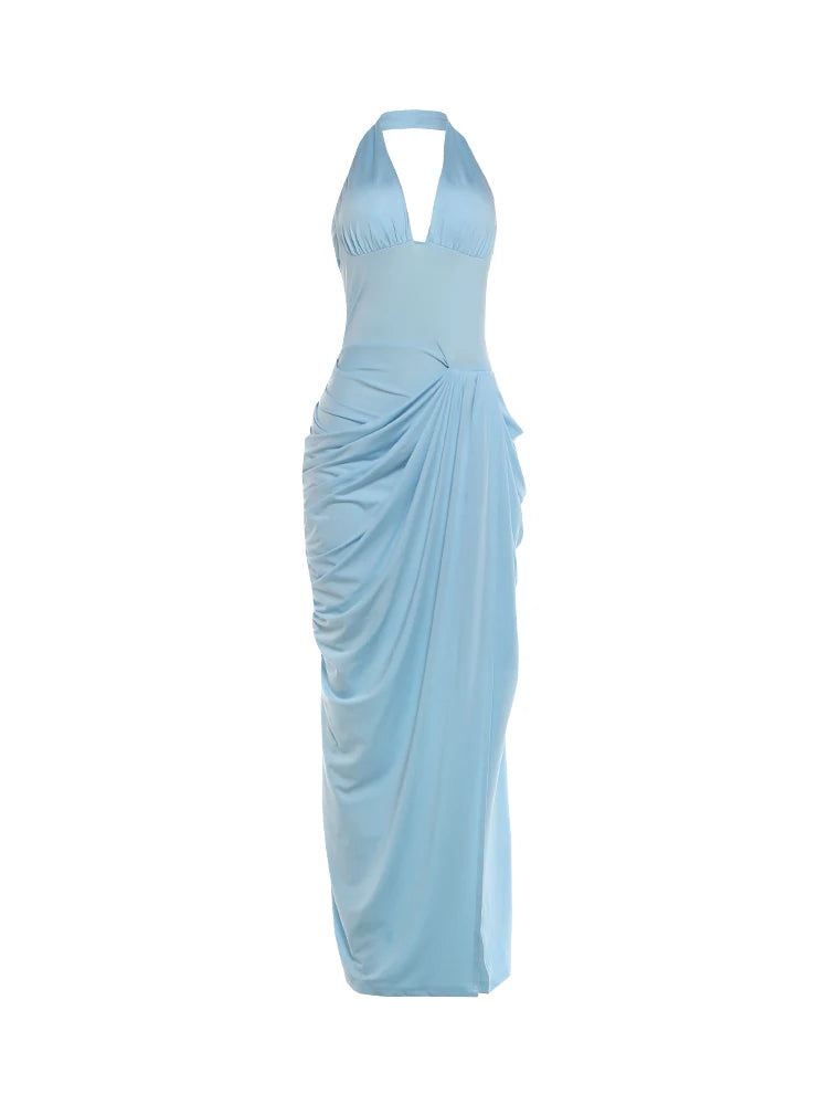 Elegant Backless Dress Women Sexy Fashion Halter Deep V-Neck Ruched Patchwork High Split Simple Banquet Party Bodycon