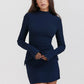 Dark Blue Two Pocket Sexy Mini Dress For Women 2023 Autumn Winter New Long Sleeve Bodycon Club Party Dress Elegant