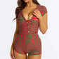 Holiday Xmas Stripe Tartan Romper Ladies Deep V Henley Button Front Short Sleeve Stretch Skinny Sleep Short Jumpsuit