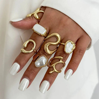 7Pcs Elegant Imitation Pearl Open Ring Set for Women Trendy Geometric Irregular Adjustable Knuckle Ring Jewelry Accessory