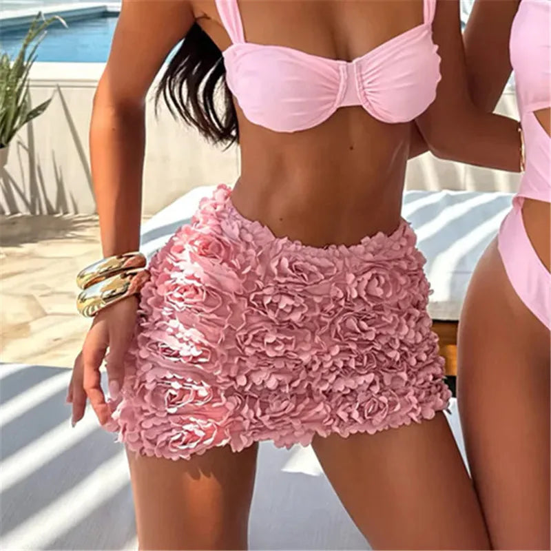 3D Floral Rose Mini Skirt for Women High Waist Bodycon Short Skirt Textured Flower Hem for Summer Party Club Streetwear