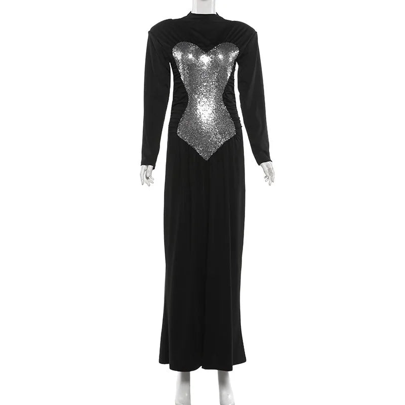 Sequined Body Ball Gown Black Luxury Evening Dress Long Sleeve Pleated Maxi Dresses Woman
