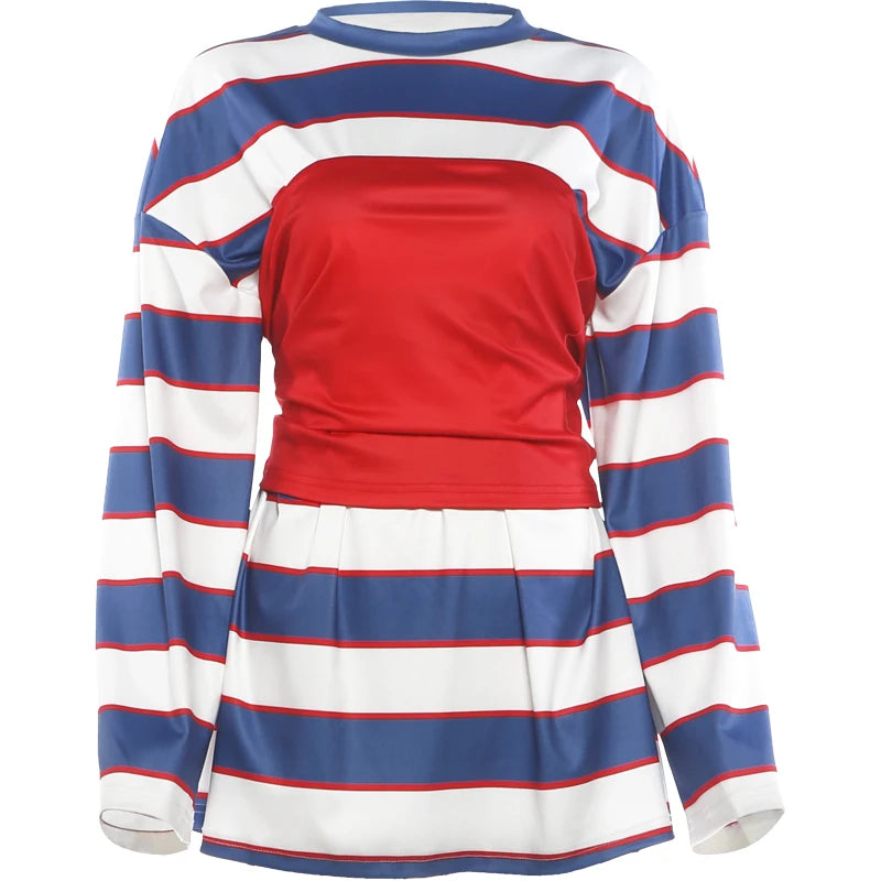 Trend Tops 2 Piece Set Women Fashion Simple Waist-Cinching Vest+Striped Print Full Sleeve T-Shirts Chic Street Tess
