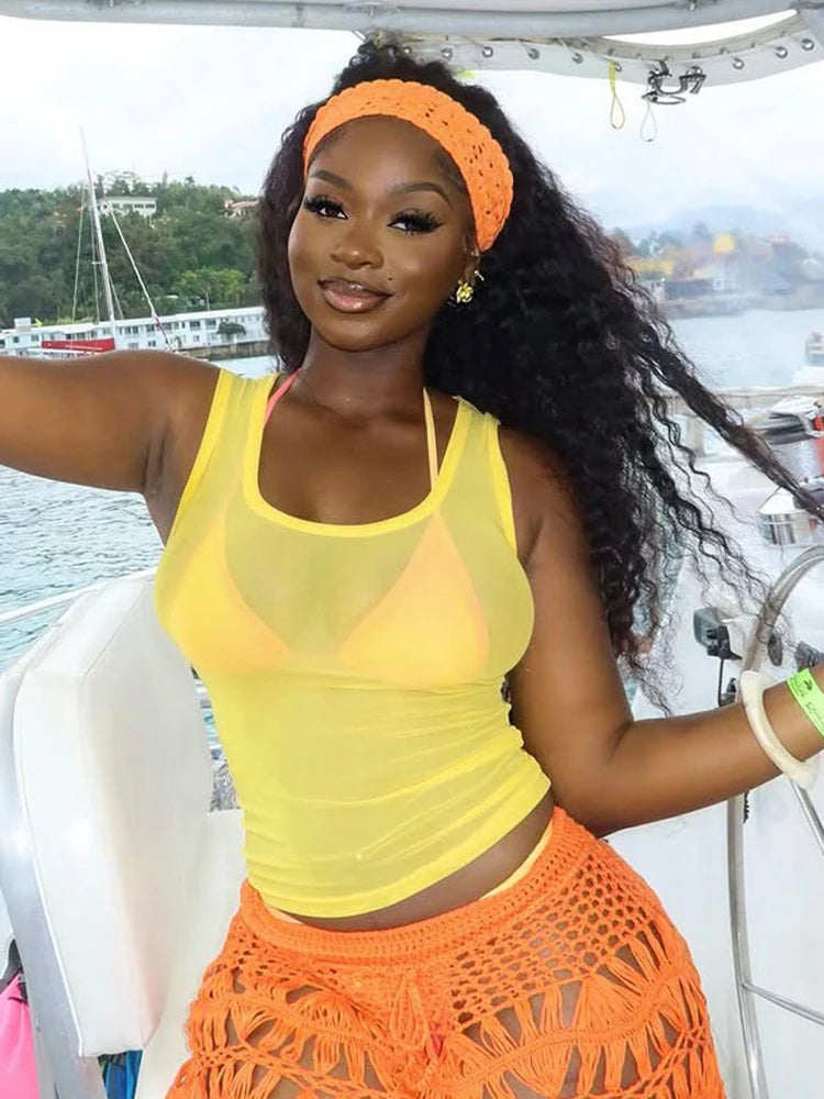 Sexy See Through Tank Tops Women New Trend Square Collar Navel Exposed Summer Holiday Beach Style Skinny Crop Tops