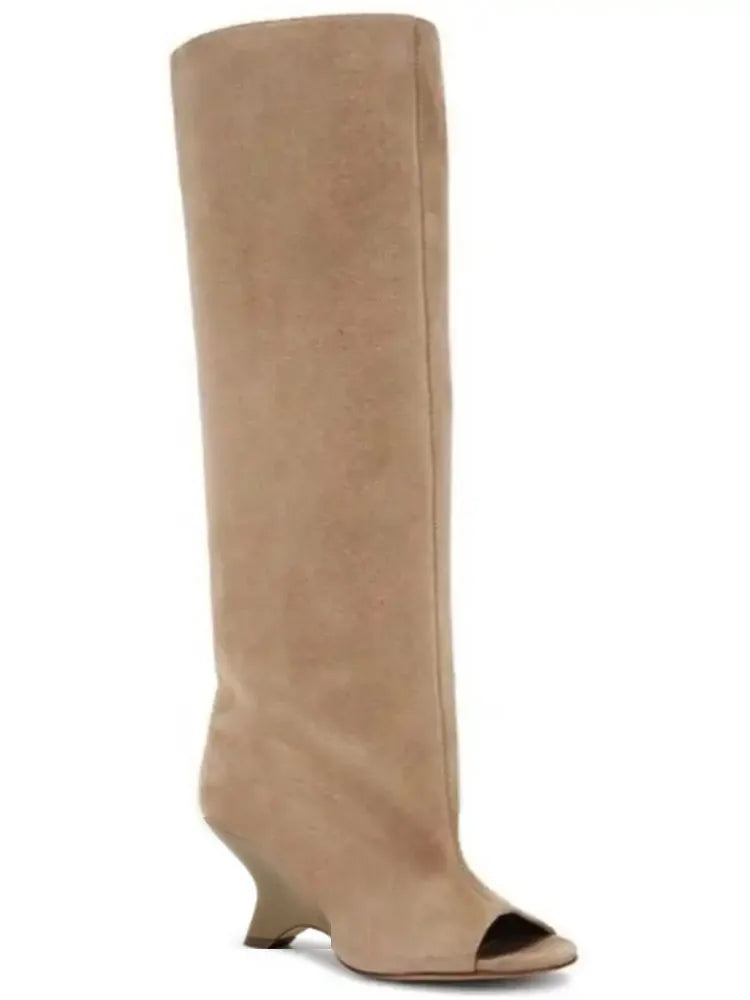 Women's Fish Mouth Thick High Heels Knee Length Cool Boots Slant Heel Fashion Show Large Size Spring/Summer Women's Boots