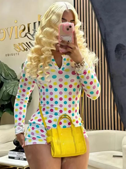 Colorful Polka Dot Print 2-Piece Set Women o-Neck Button Full Sleeve t-Shirt Fashion Suit +Elastic Waist Simple Short