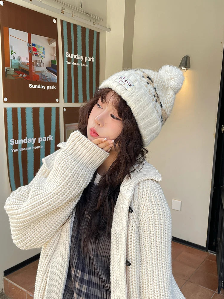 Casual Fair Isle Style Sheep Pattern Pom Pom Knit Beanie For Women