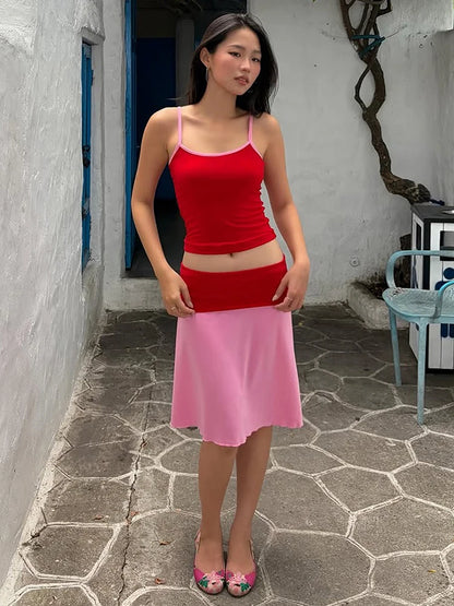 Color Blocking 2-Piece Set Women Low-Neck Skinny Camisole+Patchwork Elastic Waist Skirt Street Vacation Streetwear
