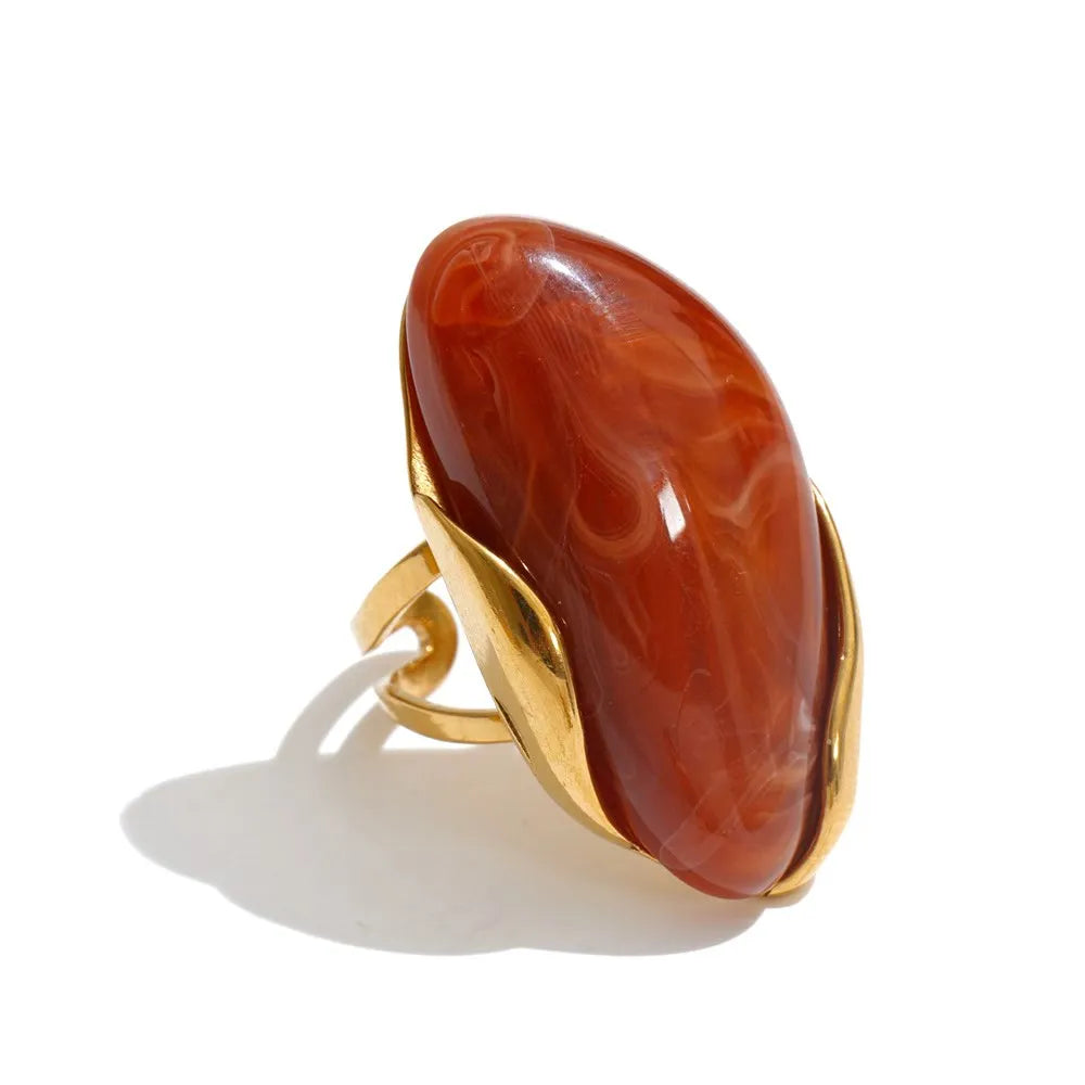 New Design Brown Green Beige Resin Geometric Adjustable Ring Golden PVD Stainless Steel Rust Proof Finger Jewelry Gift