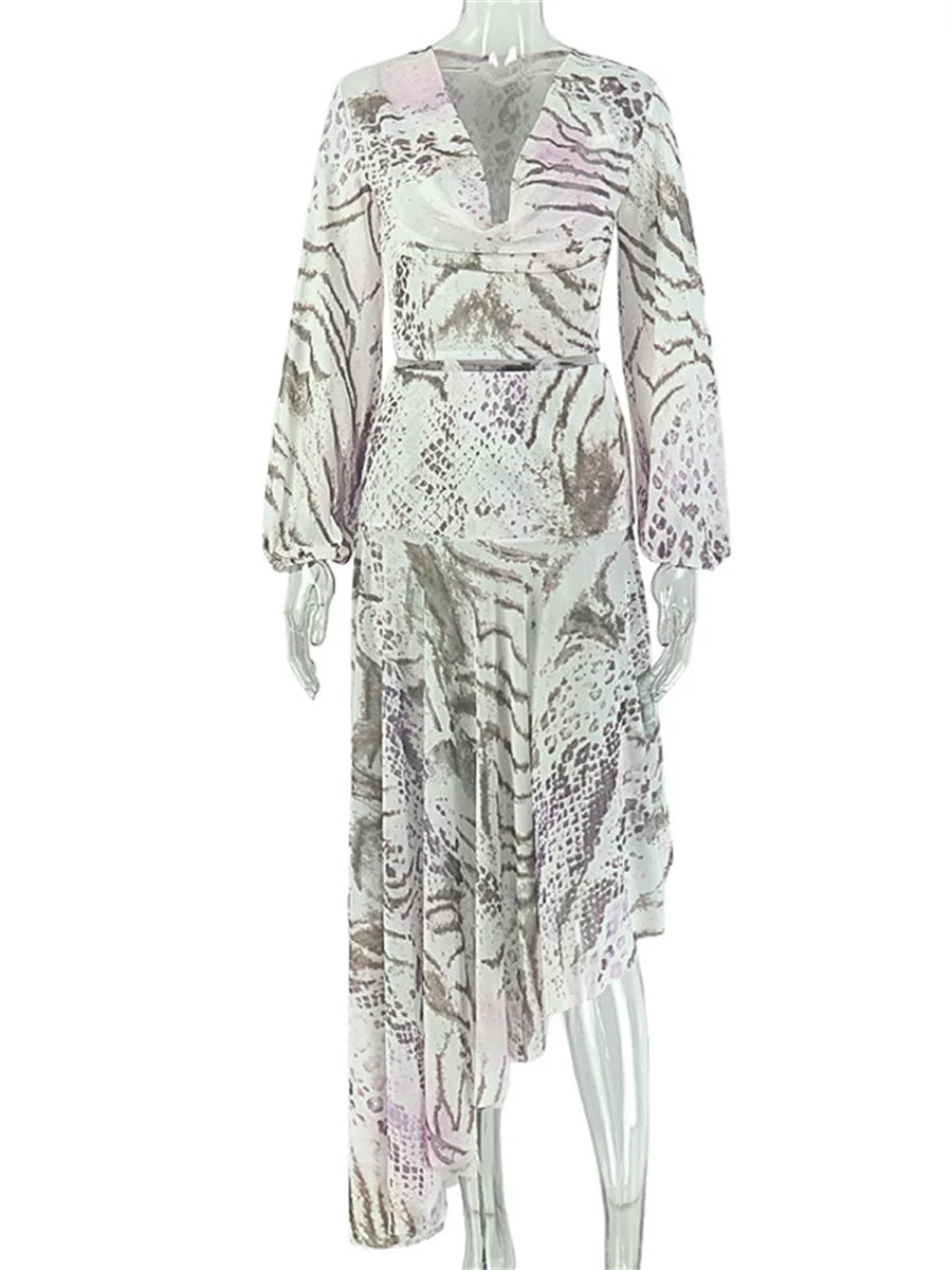 Sexy Air Print 2 Piece Set Women Fashion Deep V-Neck Full Sleeve Crop T-Shirt+Irregular Hem Skirt Trend Party Suits