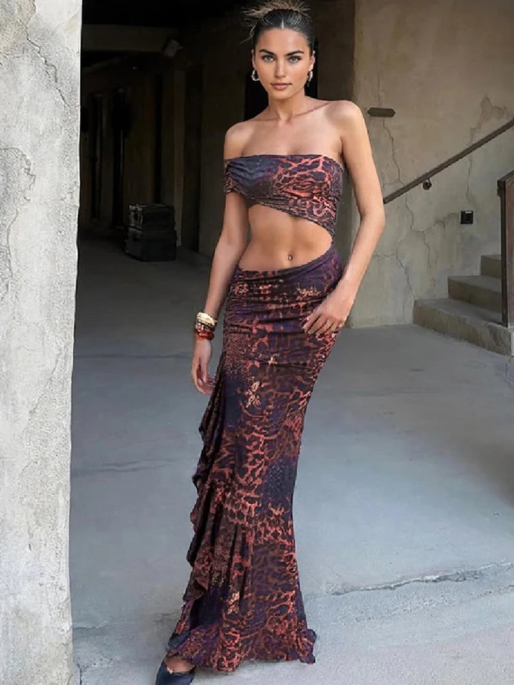 Leopard Print Dress Women Y2K Waistless One Shoulder Sleeveless Ruffles Sexy Beach Party Vacation Chic Club Vestidos