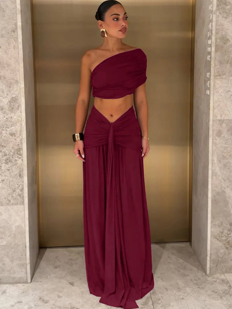 Women 2 Piece Set Elegant Strapless Crop Top And High Waist Split Maxi Skirt Sets Female Ruched Beach Club Party Sets