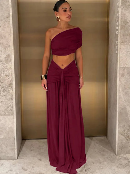 Women 2 Piece Set Elegant Strapless Crop Top And High Waist Split Maxi Skirt Sets Female Ruched Beach Club Party Sets