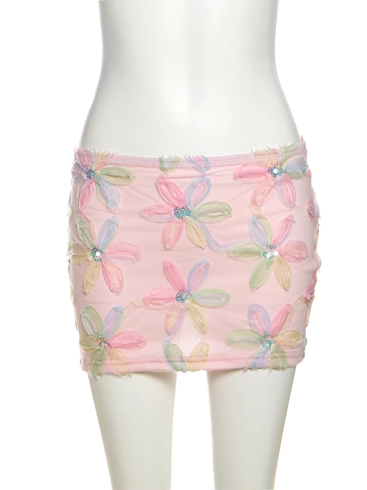 Colorful Flowers Skirts Women Sequins Patchwork Mesh Summer Trend Sweet Street Party Casual Holiday Chic Mini Bottoms