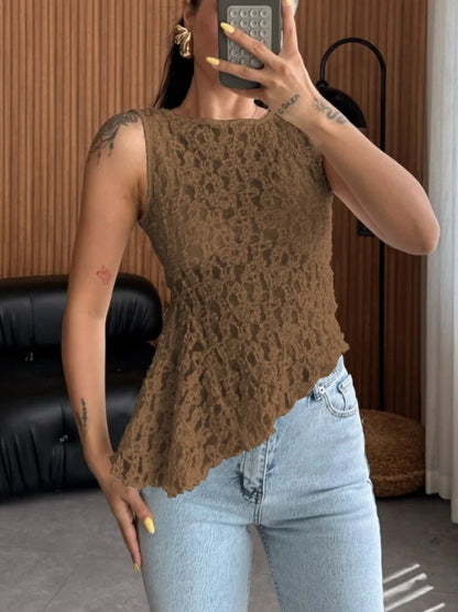 Sleeveless Asymmetrical Tops for Woman Clothing Sexy Summer See Through Lace Shirts & Blouses