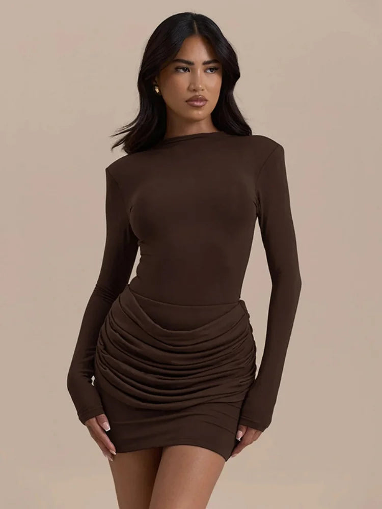 Long Sleeve Ruched Mini Dress Fashion Fall Winter Solid Color Bodycon Dresses for Woman Clothes