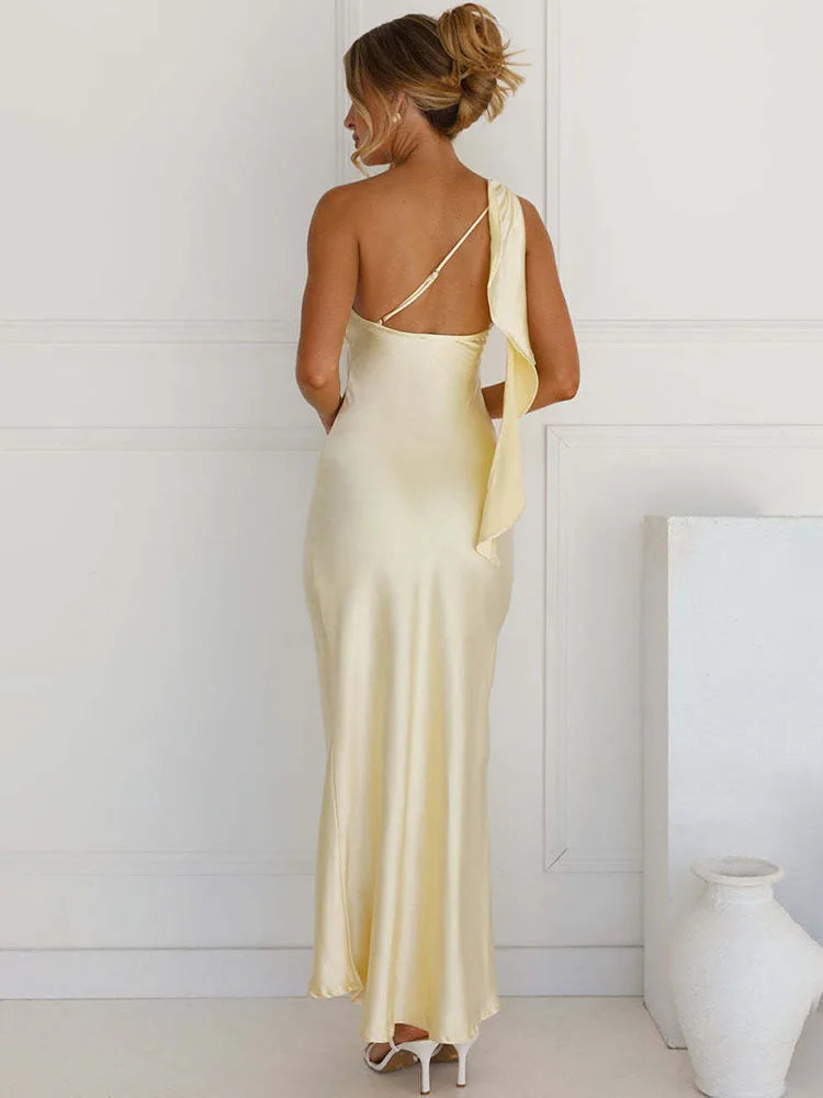 One Shoulder Backless Sexy Maxi Dress Women Gown Satin Skew Collar Sleeveless Thigh High Split Club Party Long Dresses