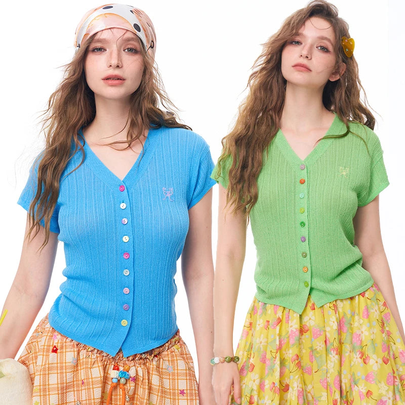 Women's Knit Blouse with Colorful Buttons & Logo Embroidery, V Neck Ruched Crop Top for Daily