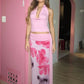 Halter Top and Floral Mesh Split Long Skirt Suit Two Piece Set Summer Resort Wear Ladies Summer Outfits