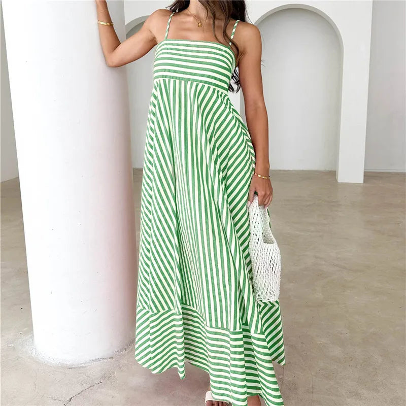 Striped Polka Dot Spaghetti Strap Maxi Dress for Women Square Neck Empire Waist Flowy A Line Dress with Shirred Back