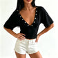 Double Front Back Deep V Button Detail Cropped Top Half Sleeve Ruched Waist Slim Fit Stretch Y2K Going Out Crop Blouse