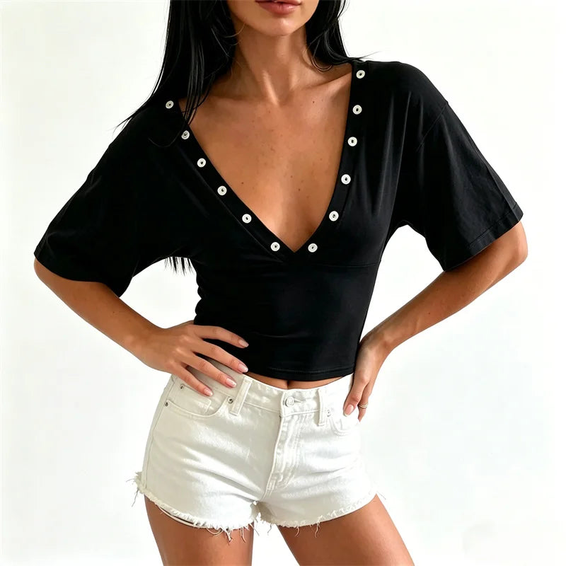 Double Front Back Deep V Button Detail Cropped Top Half Sleeve Ruched Waist Slim Fit Stretch Y2K Going Out Crop Blouse