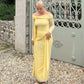 Off Shoulder Long Sleeve Maxi Dress Yellow Mesh Elegant Dresses for Woman for Party Outfits Autumn 2025
