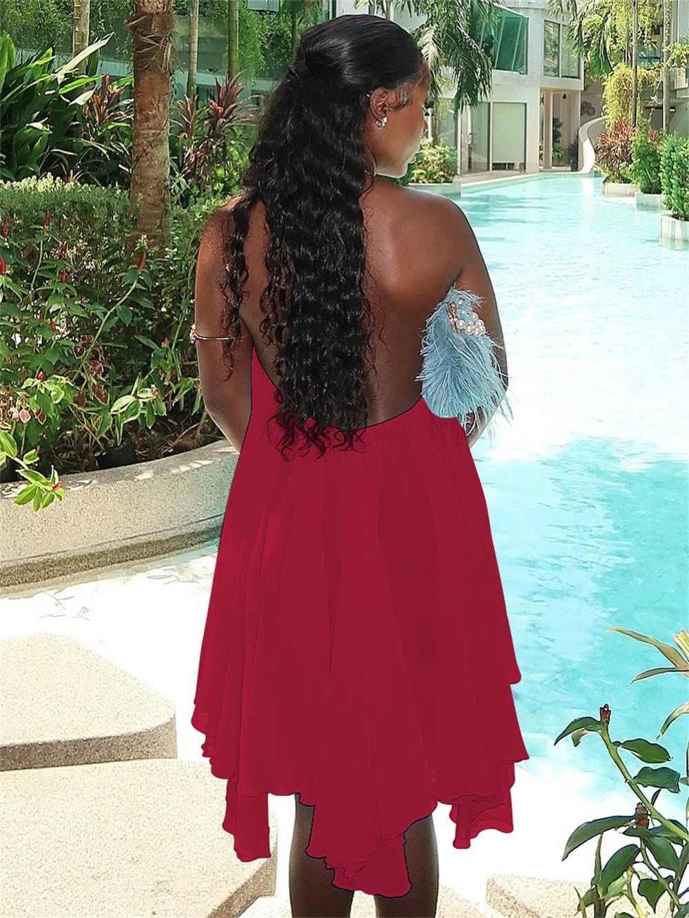 Halter Loose Dress Women Y2K Summer Sleeveless Backless Tiered Lrregular Hem Beach Vacation Sexy Trend Party Bodycon