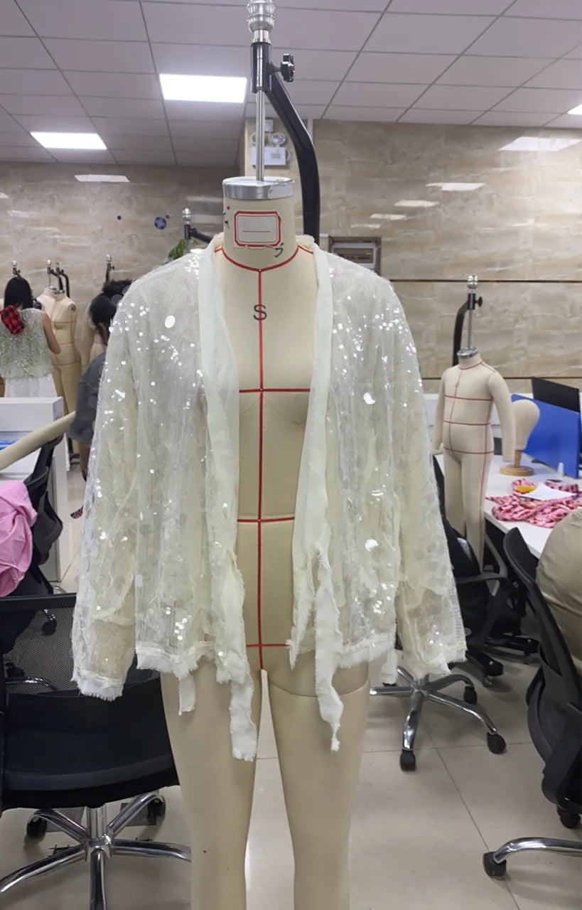 Women Sequin Cardigan Shirt Sparkly Long Sleeve Tie Open Front Shirts White V Neck Cardigans Top Going Out Streetwear