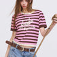 Y2K Striped Knit T-Shirt with Devil Heart Print, Retro Harajuku Short Sleeve Top, Aesthetic Slimming Knitted Jumper