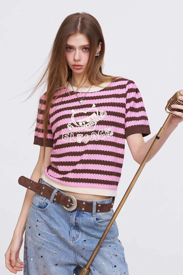 Y2K Striped Knit T-Shirt with Devil Heart Print, Retro Harajuku Short Sleeve Top, Aesthetic Slimming Knitted Jumper