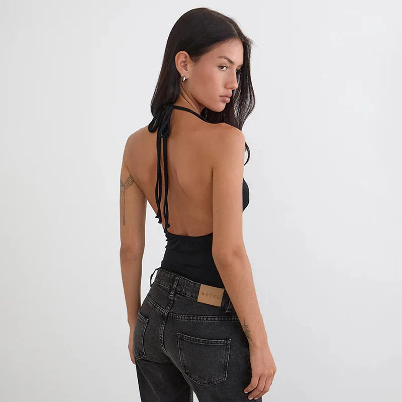 Black Studded Keyhole Halterneck Top Sexy Tanks Camis for Woman Clothes 2026 Summer Crop Tops