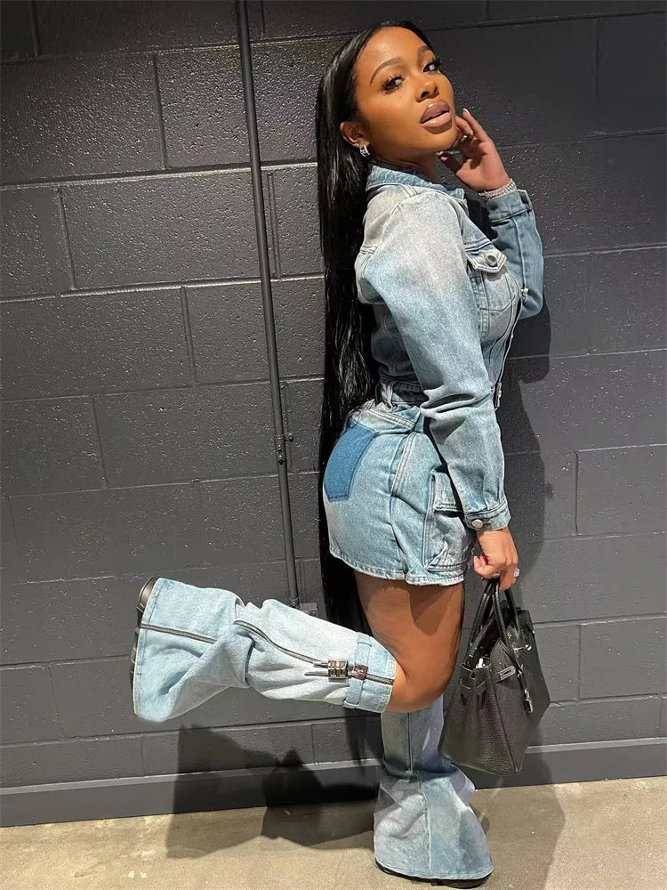 Denim 2Piece Set Women Patchwork Single-Breasted Dress+Zip Metal Trim Leg Sleeve Hottie Trend Street Vintage Outfits