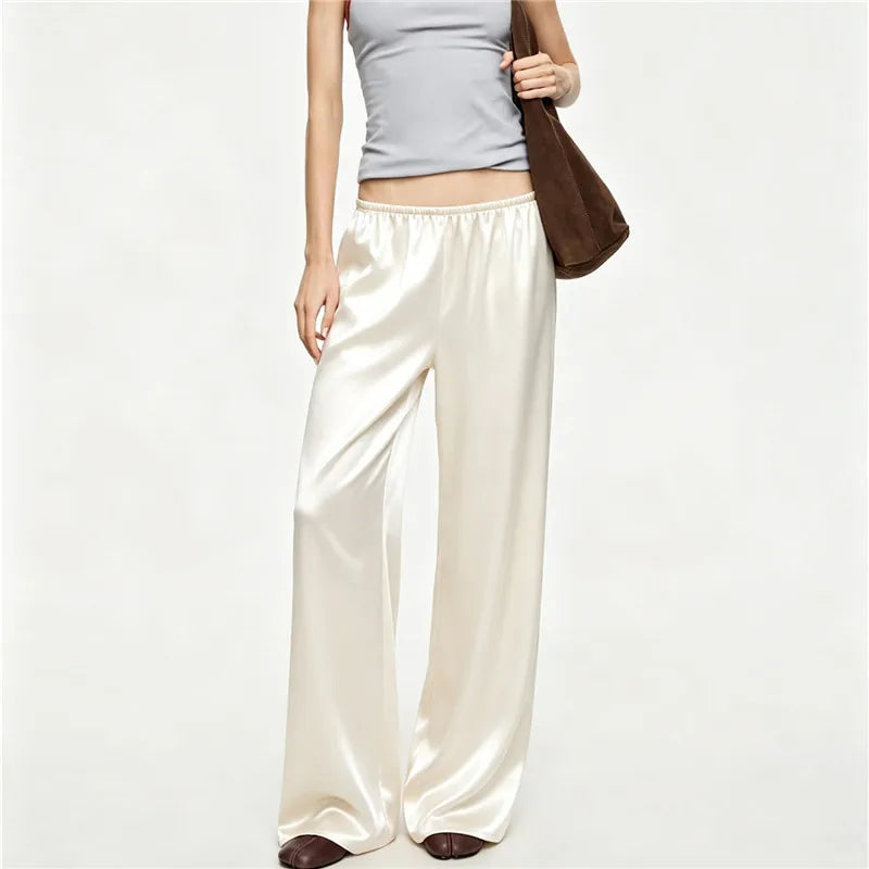 Women Solid Color Satin Wide Leg Pants Elastic Waist Loose Flowy Silky Straight Trousers Casual Vacation Party Wear