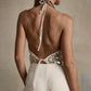 Womens Halter Sequin Tank Top Backless Tie Up Sexy Sparkly Crop Top Sleeveless Glitter Party Tops Sexy Clubwear