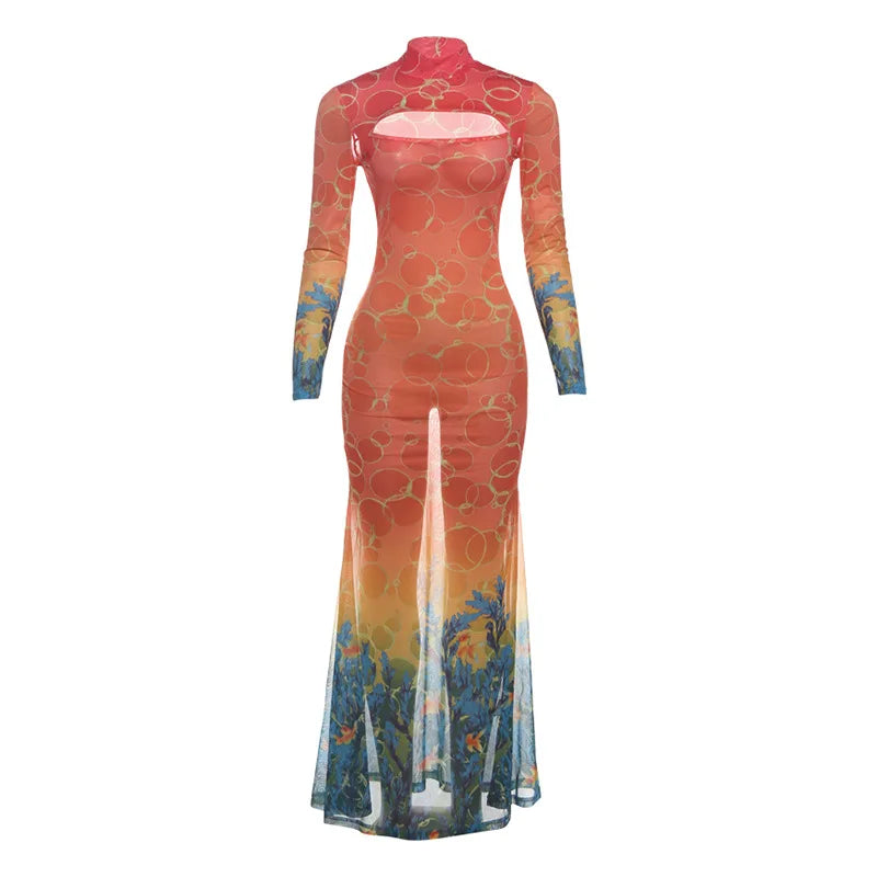 See Through Mesh Print Mermaid Dresses Woman Sexy Beach Party Hollow Long Sleeve Maxi Dress