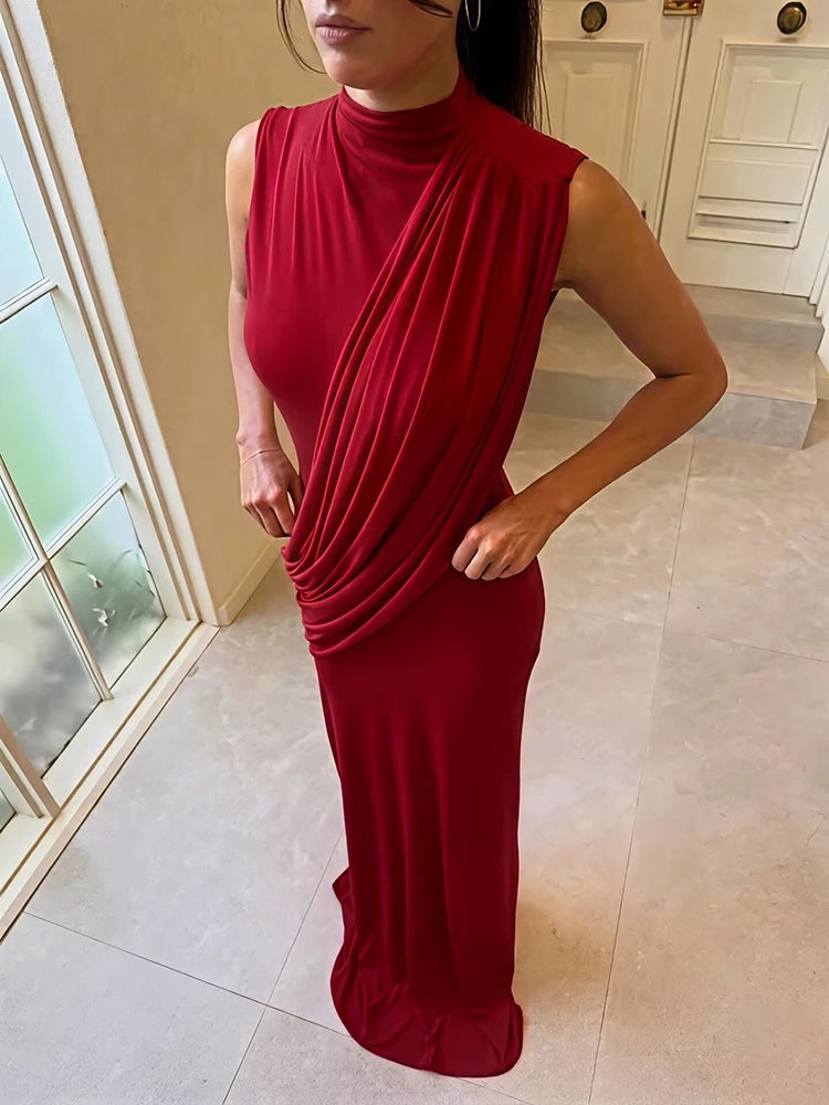 High Neck Draped Ruched Maxi Dress Women Elegant Sleeveless Bodycon Evening Club Party Long Dress Female Cocktail Gown
