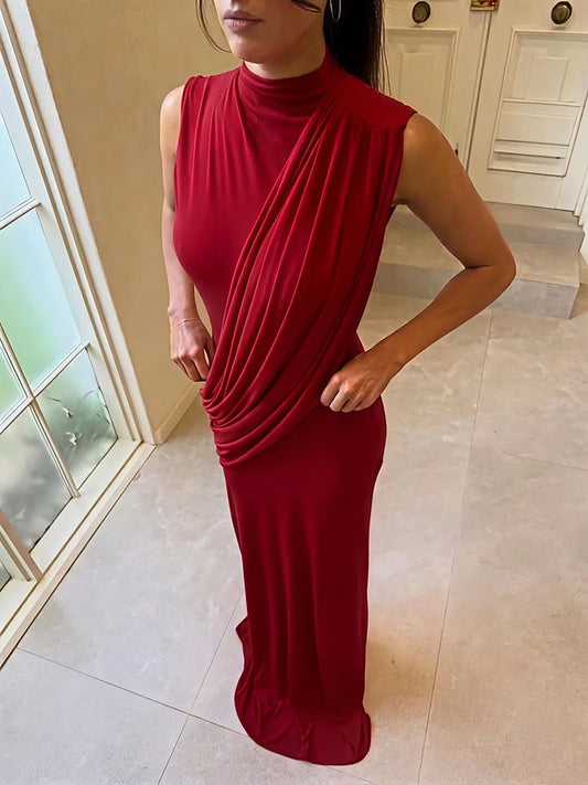 High Neck Draped Ruched Maxi Dress Women Elegant Sleeveless Bodycon Evening Club Party Long Dress Female Cocktail Gown