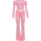 Ruched Elegant 2 Piece Set Woman Slash Neck Backless Navel Exposed Tops+Elastic Waist Long Pants Casual Style Suits