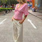 Women Striped V-Neck T-Shirt Short Sleeve Ruched Casual Top Pink White Stripe Summer Y2K Blouse Streetwear Tops