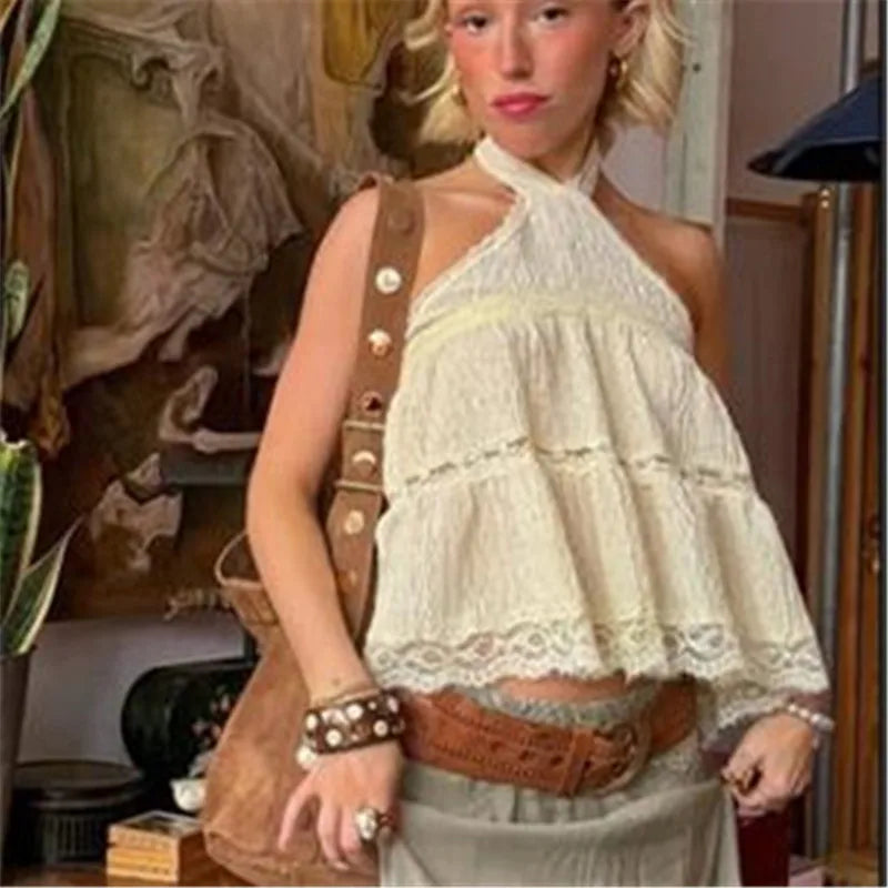 Y2K Halter Top for Women Lace Trim Tiered Backless Blouse Tie Neck Bohemian Style Vacation Beach Retro Streetwear