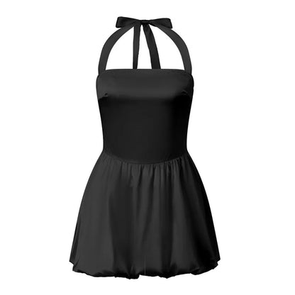 Women's Satin Halter Neck Mini Dress Tie Back Bow Bubble Skirt A-Line Sleeveless Bodycon Party Clubwear Cocktail Dress