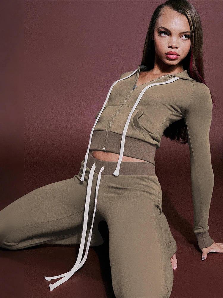 Sporty Tracksuit 2Piece Set Woman Autumn Trend Hooded Shirring Full Sleeve Jacket+Drawstring Long Pants Casual Style Suit