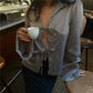 Elegant Satin Lapel Collar Shirt Women Long Sleeve Flare Cuff Tie Front Blouse Solid Color Silky V Neck Lace Up Cardigan